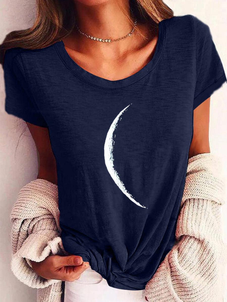 Wide Collar Printed T-Shirt – Casual Short Sleeve Top for Women