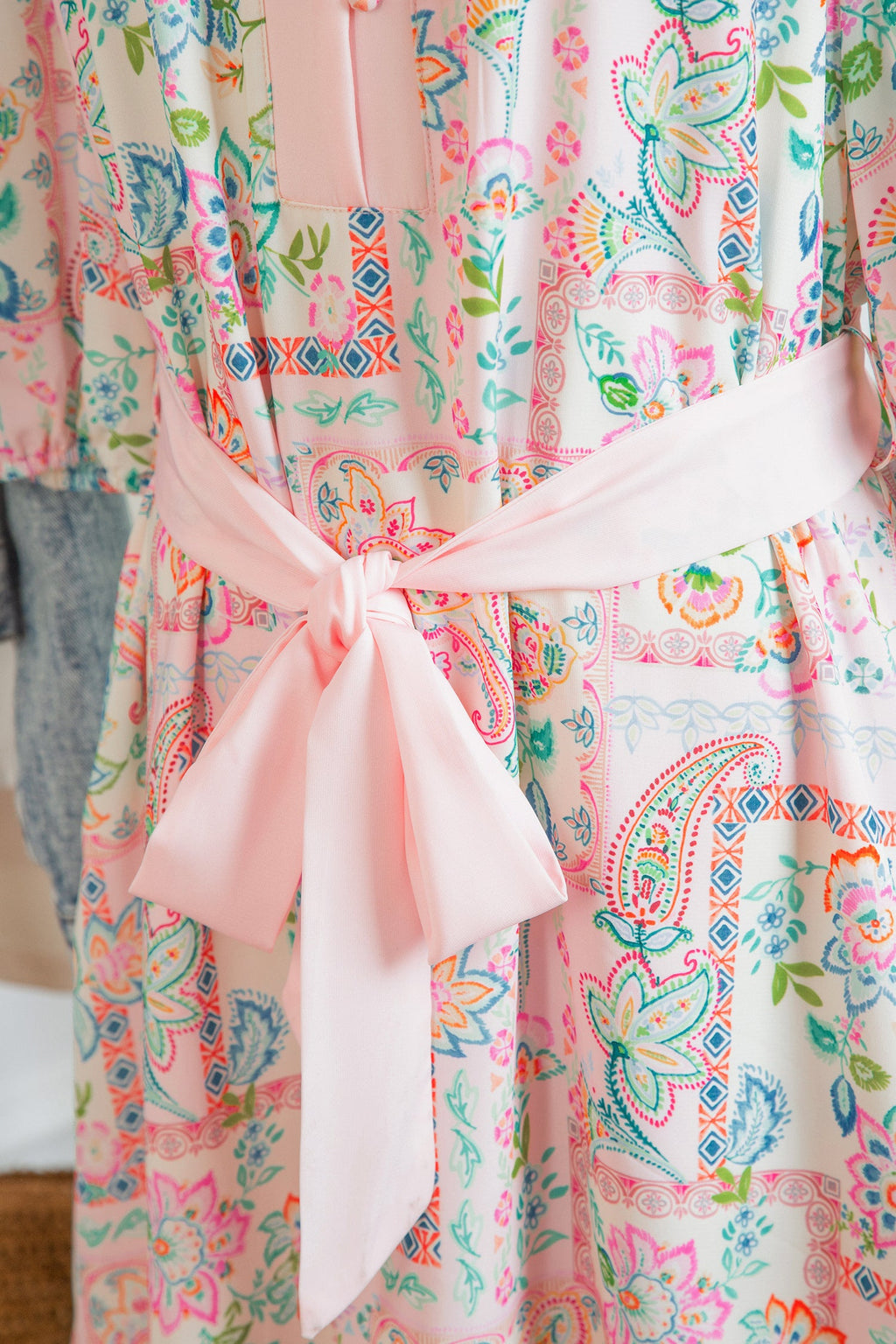 Boho Floral Colorblock 3/4 Sleeve Belted Mini Dress