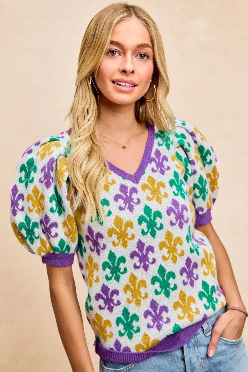 BiBi Mardi Gras Fleur De Lis Patterned V Neck Knit Top