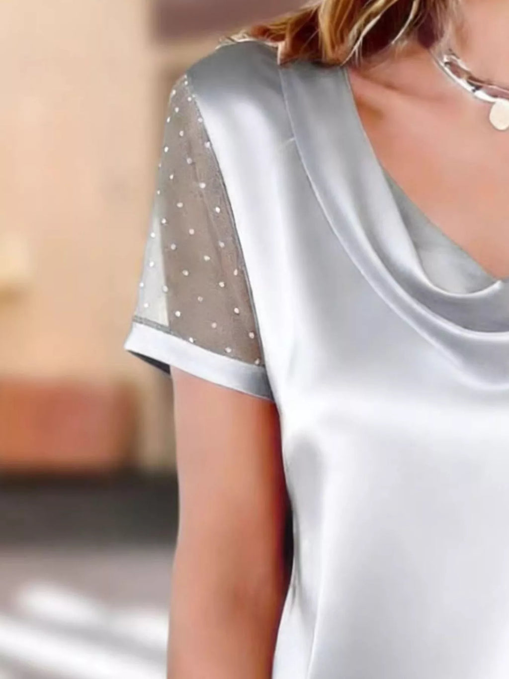 Cowl Neck Polka Dot Short Sleeve Top