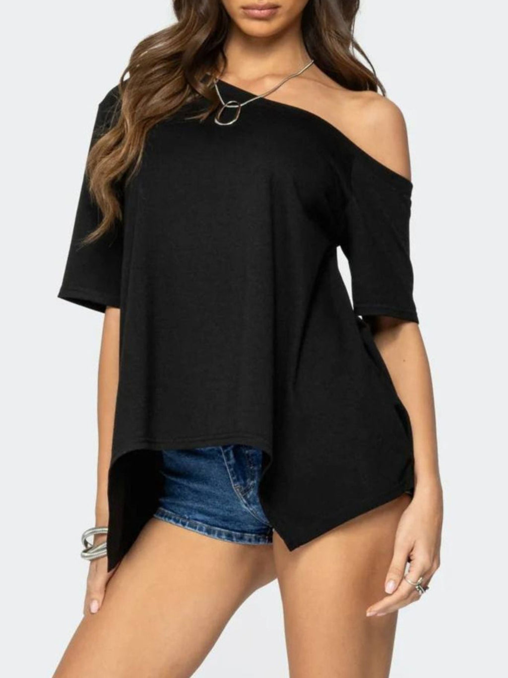 Off-Shoulder Flowy Hem T-Shirt