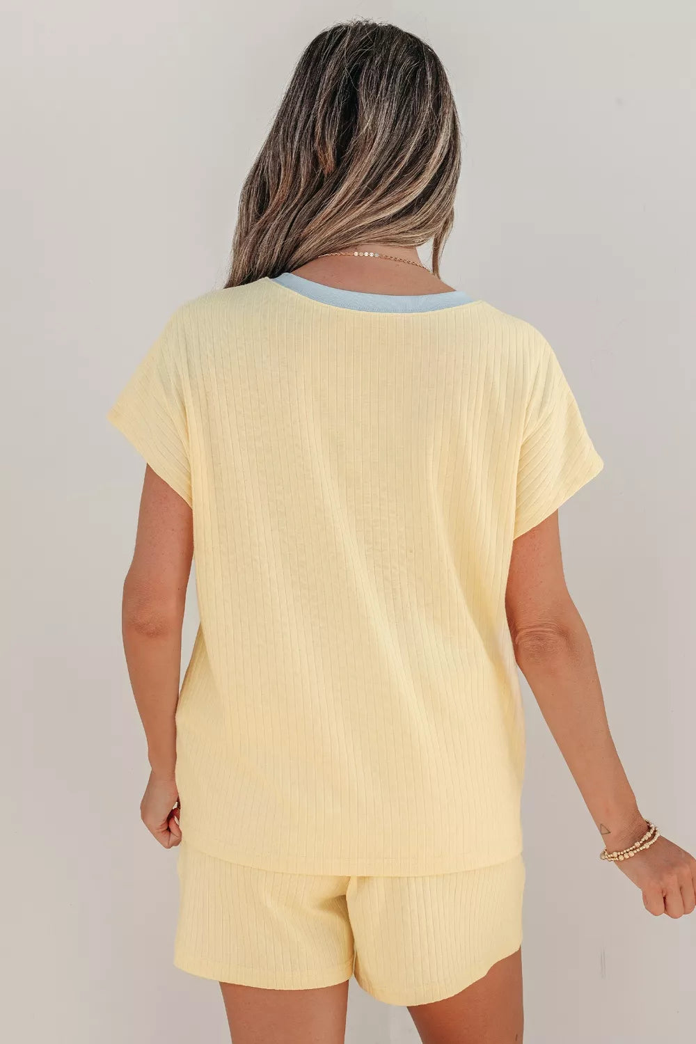 Soft Ribbed Color Block Trim Casual Short Set