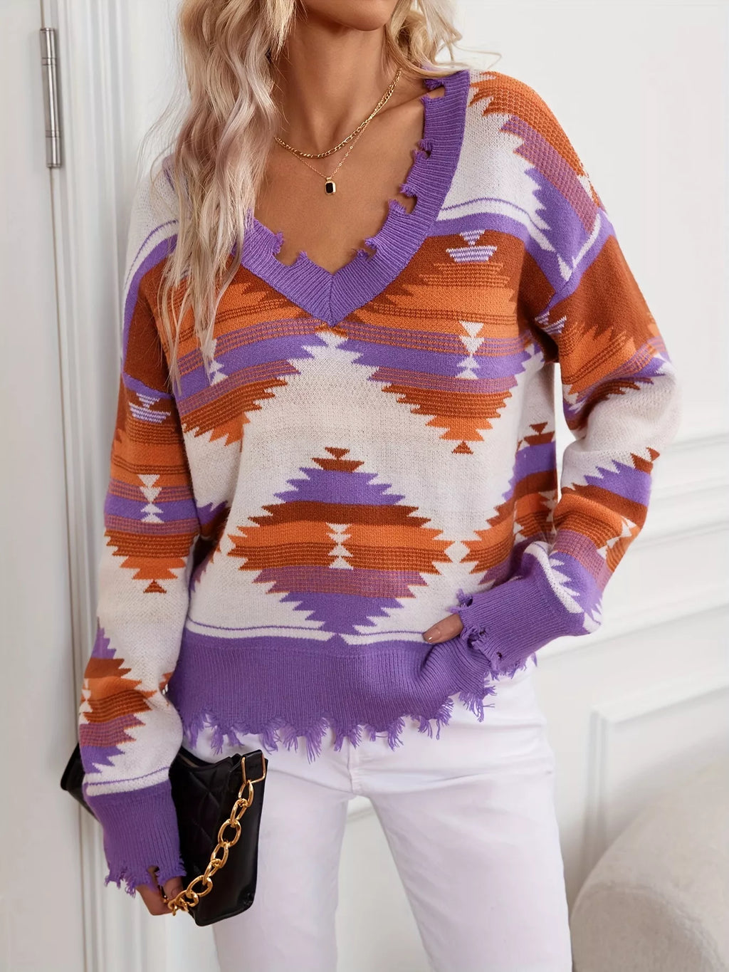 Geometric Frayed Hem V-Neck Long Sleeve Sweater