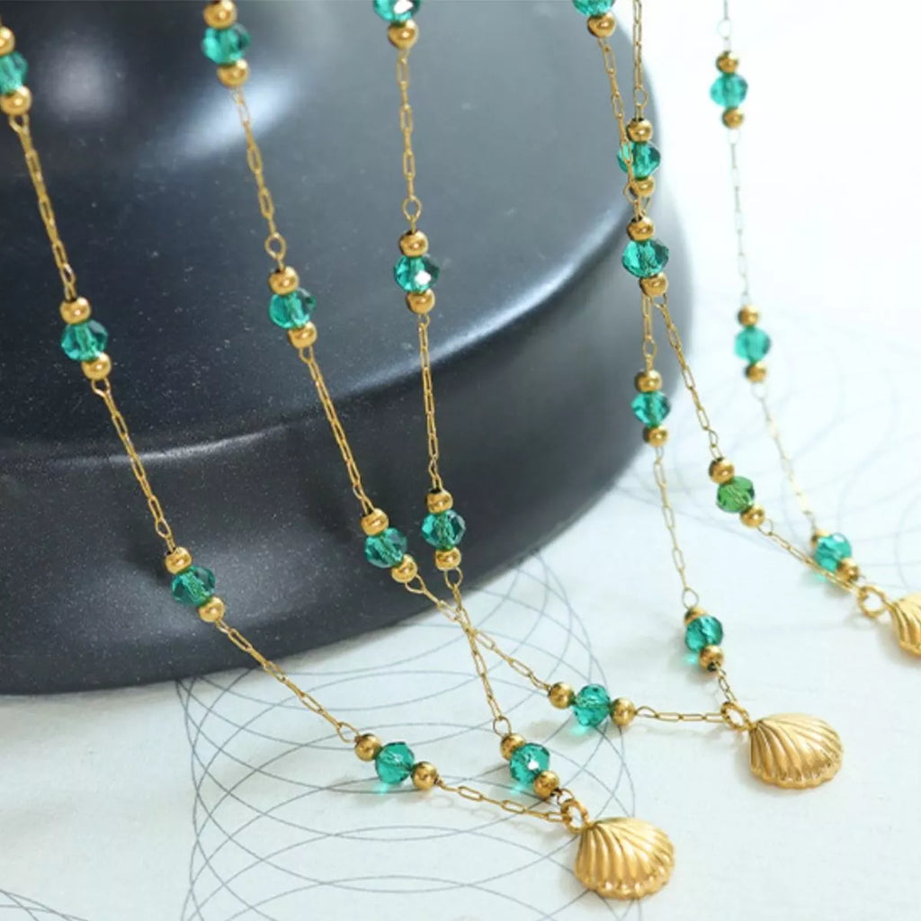 18K Gold-Plated Titanium Steel Crystal Bead Pendant Necklace