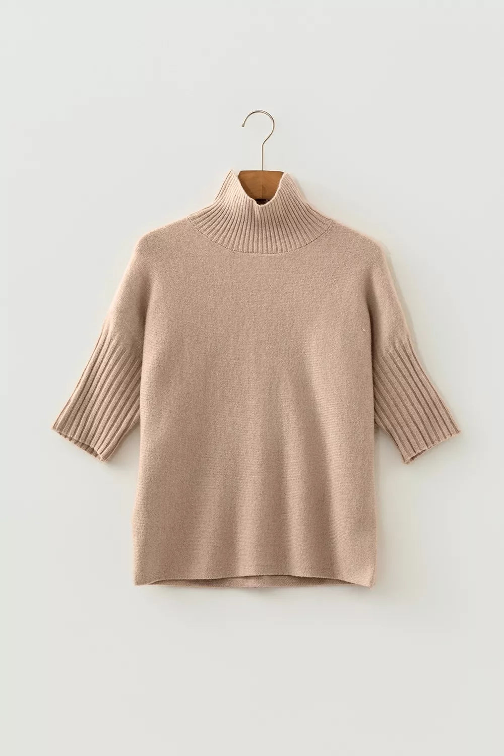 Ribbed Trim High Neck Short Sleeve Casual Sweater