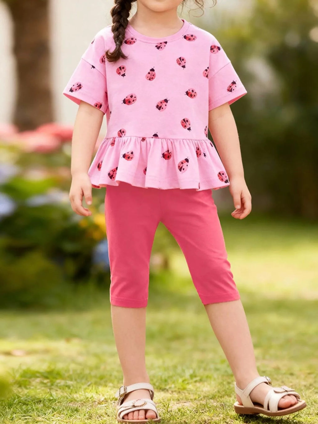 Children's Ladybug Print Ruffle Hem Top & Capri Leggings Set