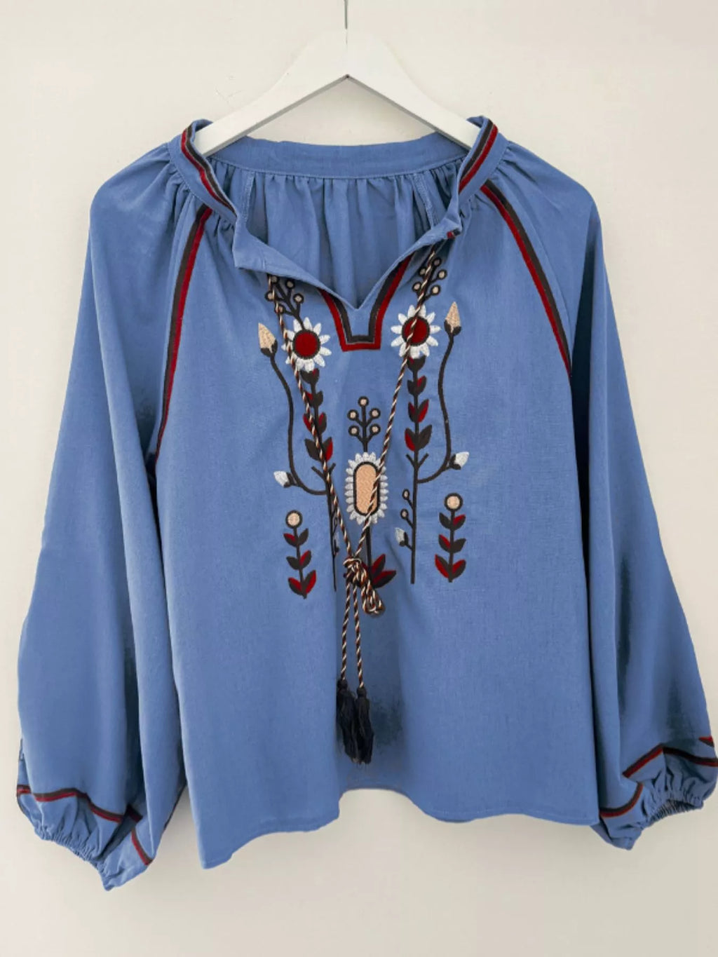 Floral Embroidered Split Neck Tassel Tie Puff Sleeve Blouse