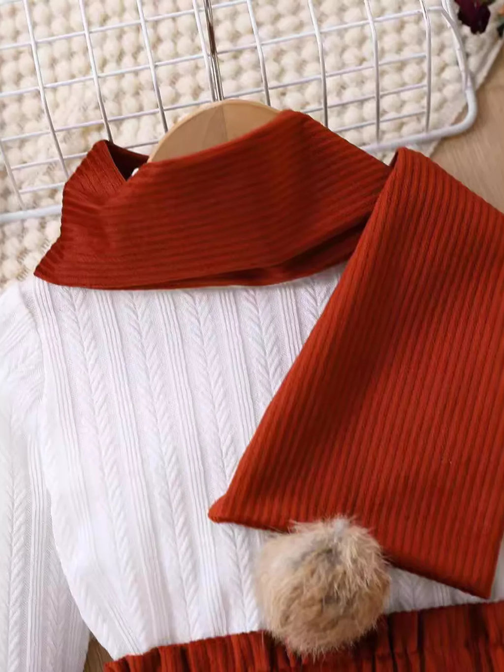 Children's Texture Knit Top and Skirt Set with Scarf & Beret