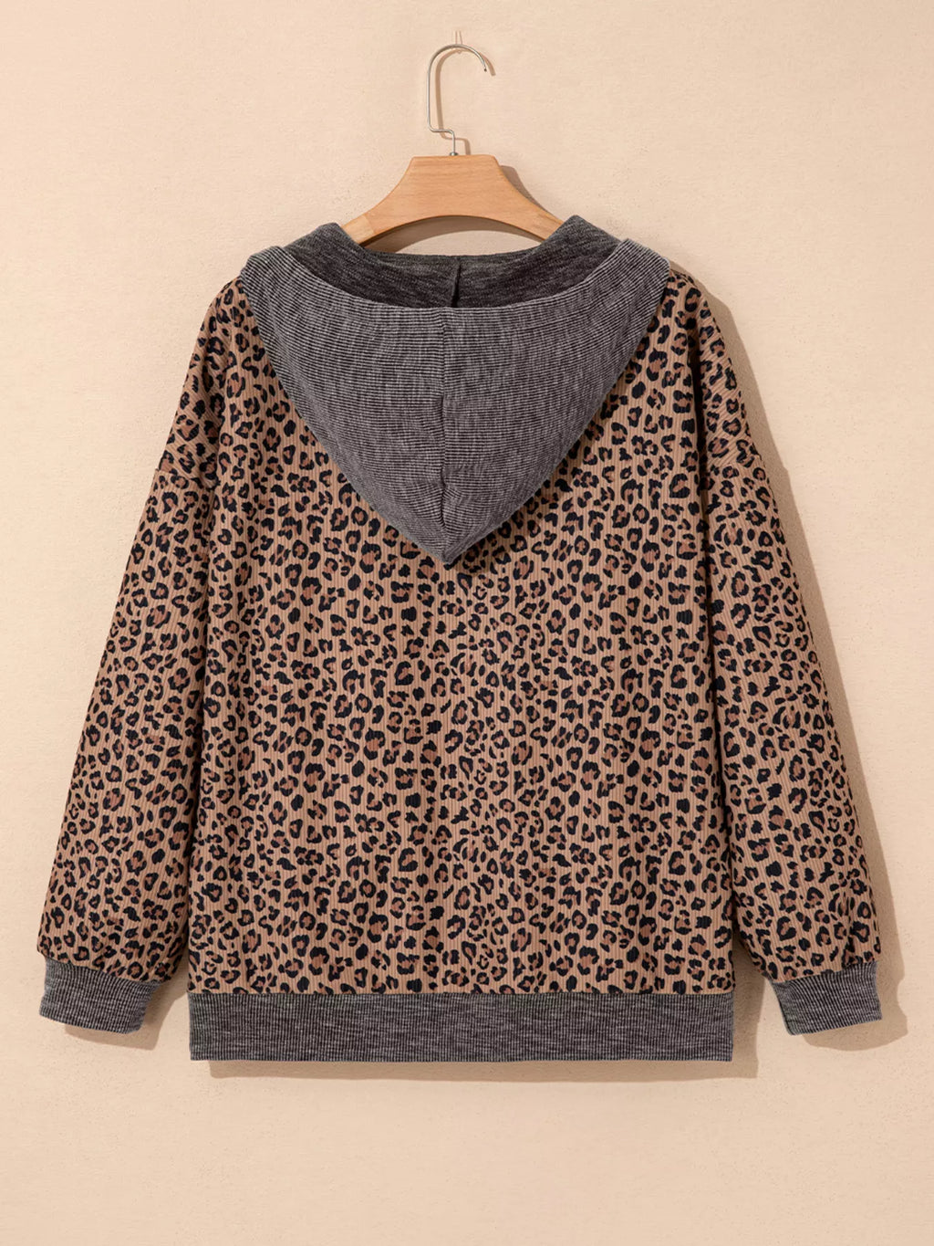 Ribbed Leopard Print Contrast Collar Zip Hoodie