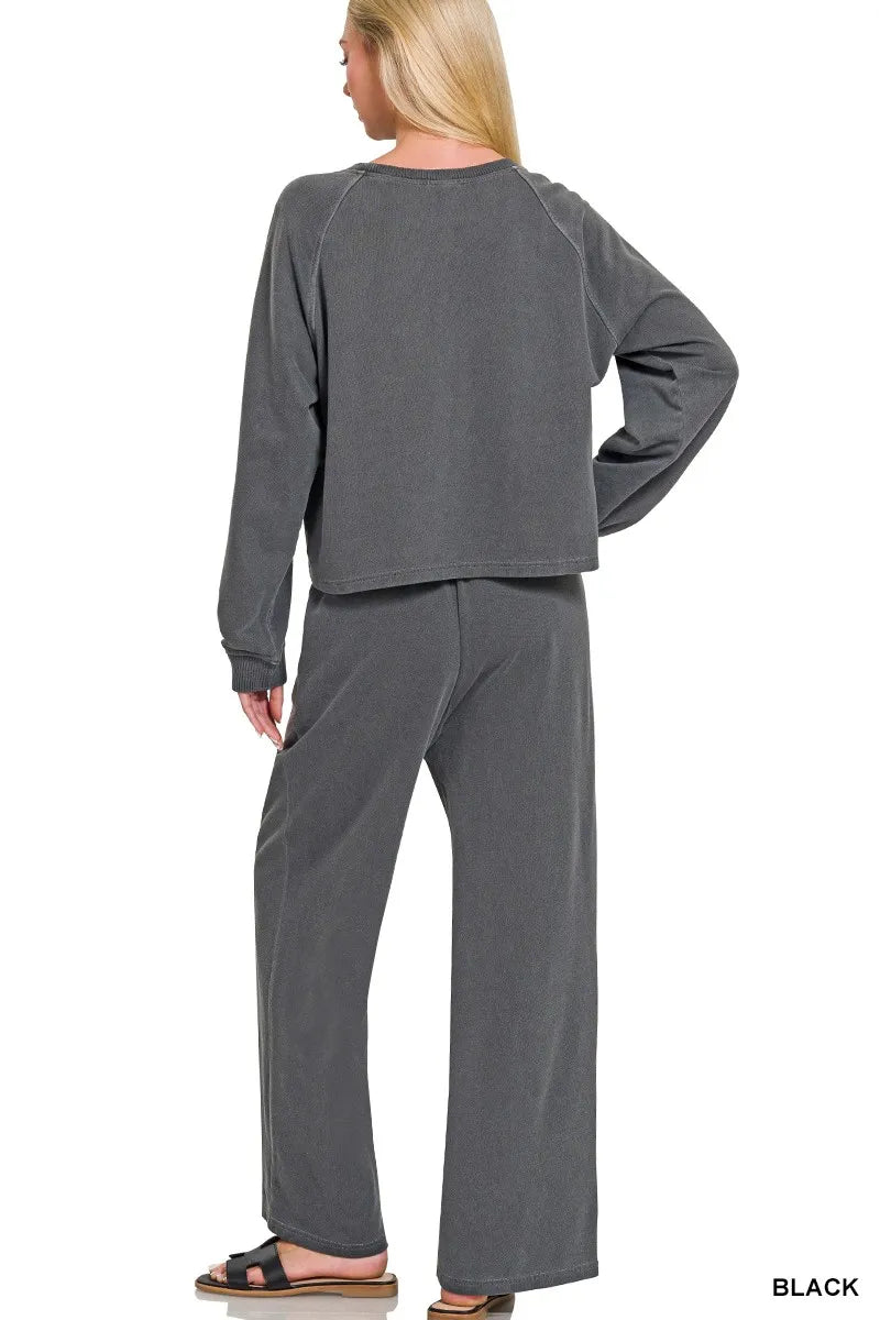 Zenana Washed F/terry Round Neck Pullover & Pants Set