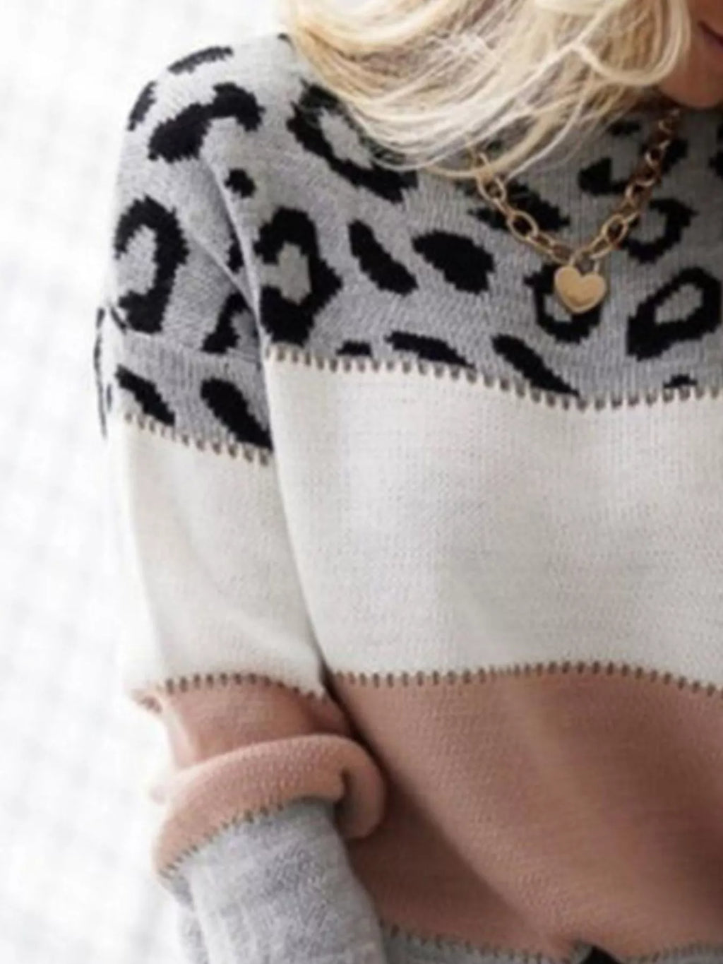 Full Size Leopard Color Block Long Sleeve Sweater Plus Size