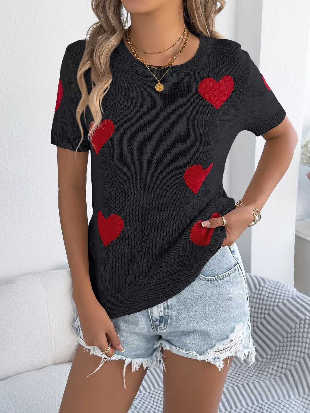 Heart Pattern Short Sleeve Knit Top