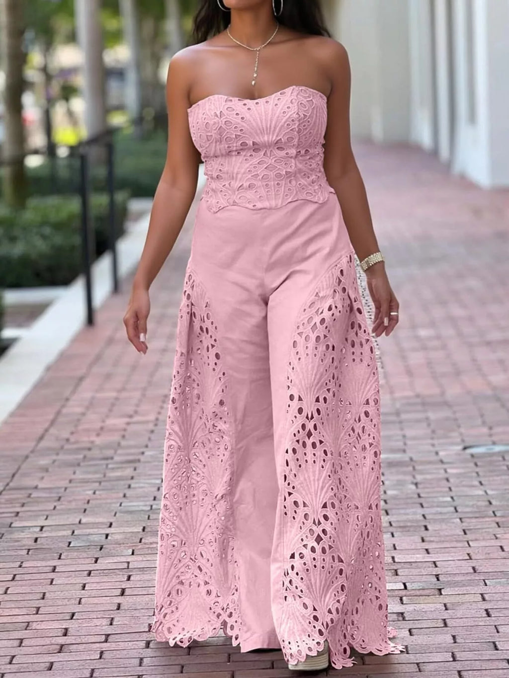 Hollow-Out Tube Top and Pants Two-Piece Set