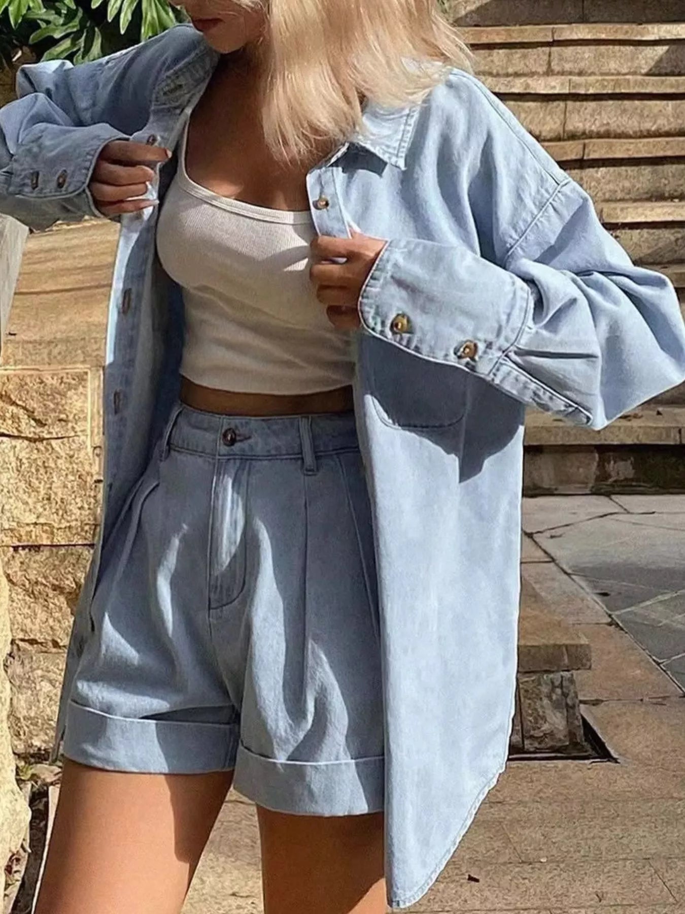 Button Up Long Sleeve Shirt and Shorts Denim Set