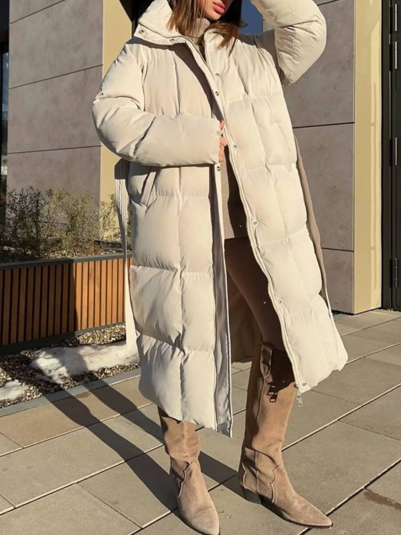 Longline Padded Winter Coat with Belted