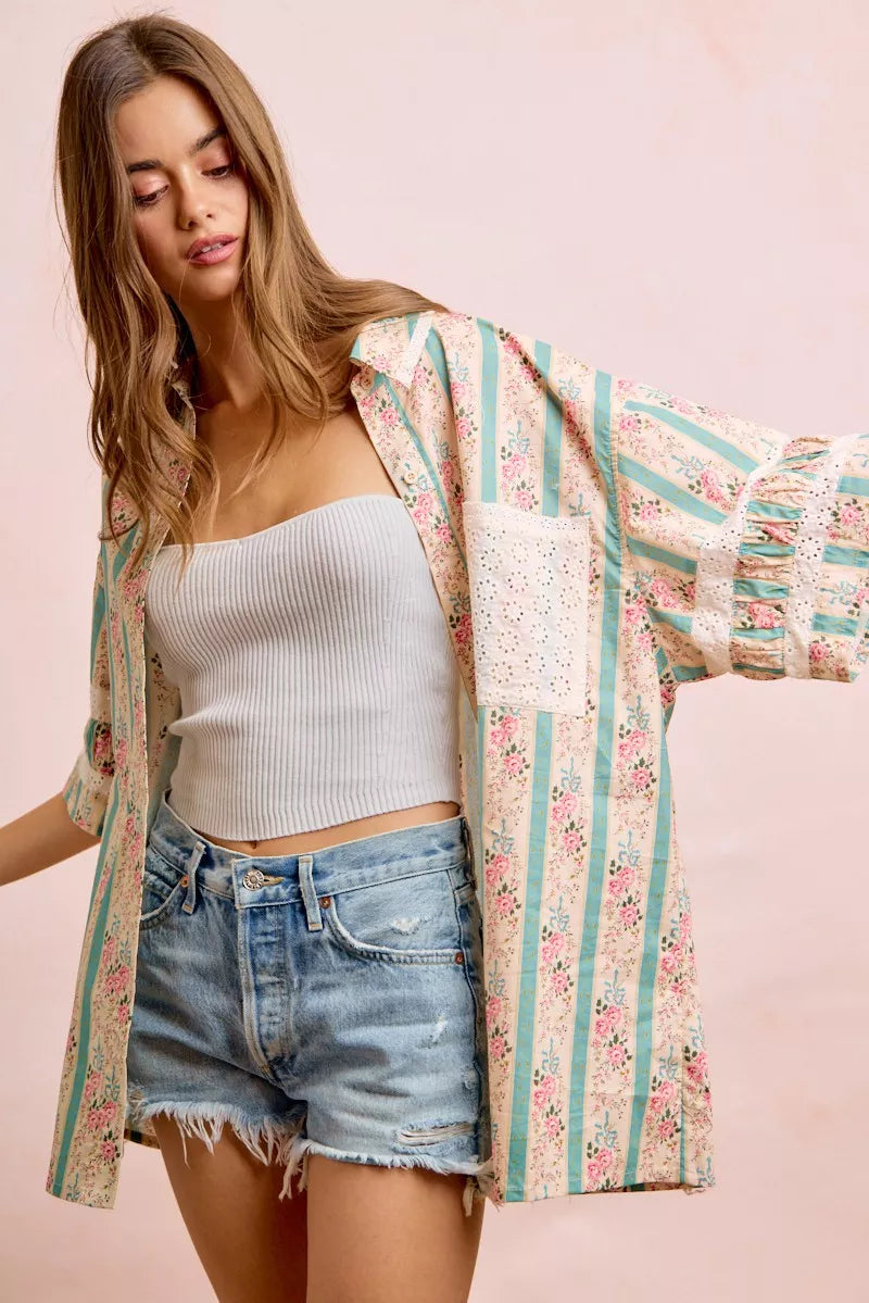 BiBi Eyelet Lace And Floral Mix And Match Shirt Top