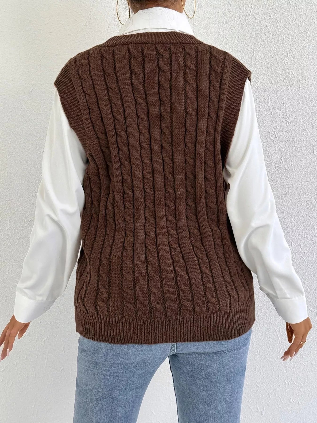 Cable-Knit Button-Up Sweater Vest