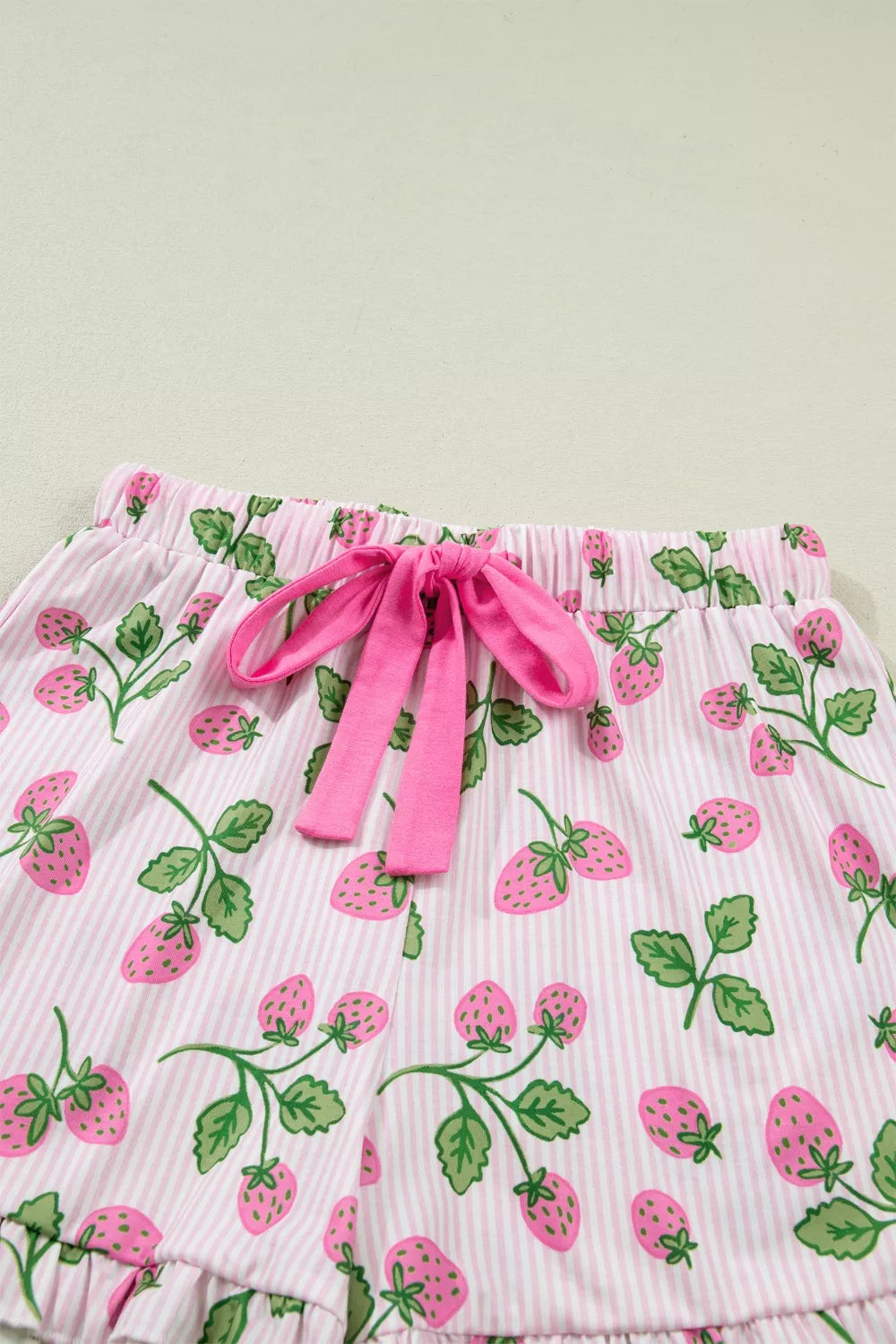 Striped Strawberry Print Lapel Shirt Drawstring Shorts 2pcs Pajama Set
