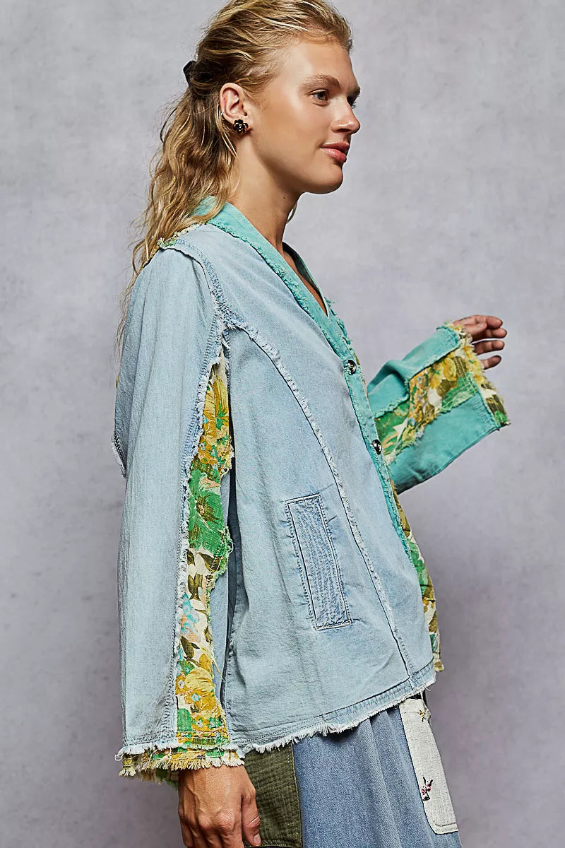 POL Button Down Floral V-Neck Long Sleeve Raw Hem Top