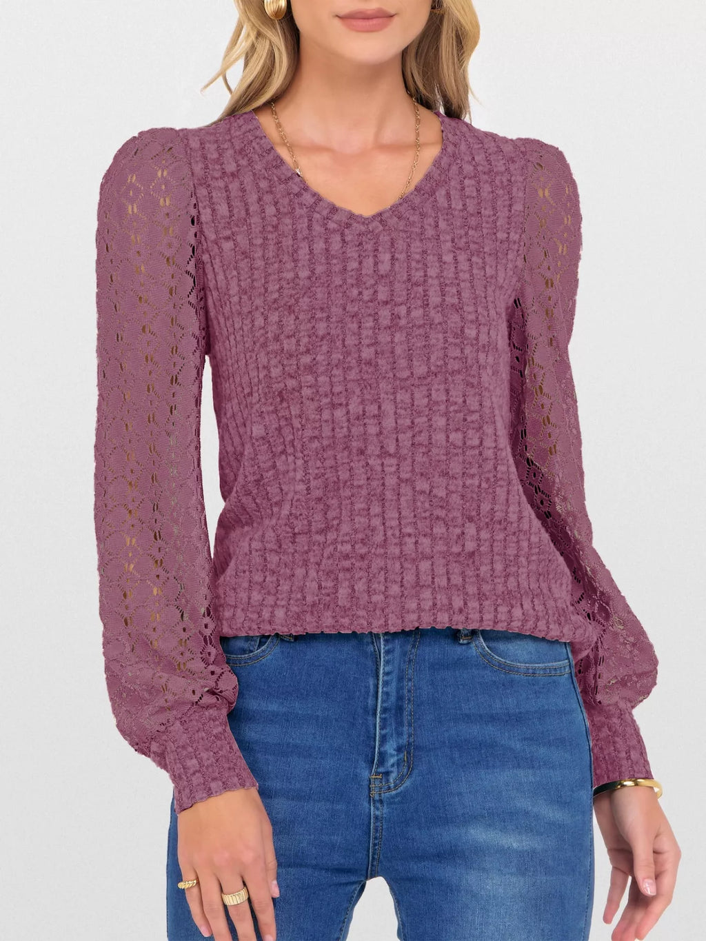 Lace Sleeve V-Neck T-Shirt