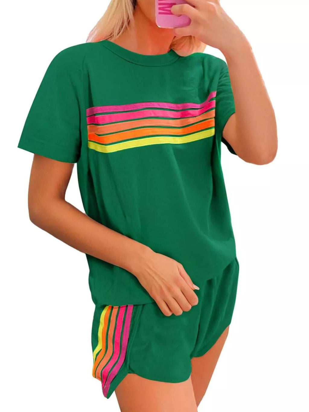 Rainbow Striped Round Neck Top and Shorts Set