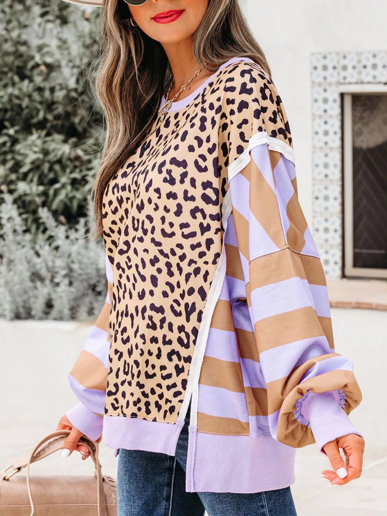 Stripe Color Block Patchwork Leopard Casual Sweatshirt with Slits