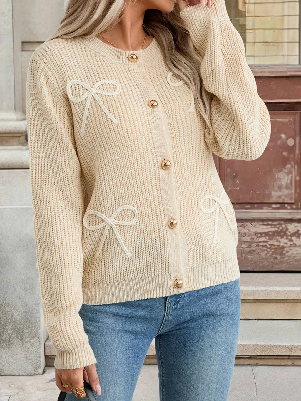 Bow Button Up Long Sleeve Cardigan