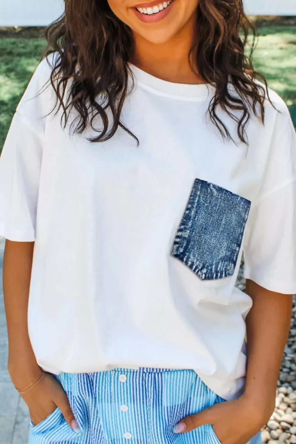 Color Block Chest Pocket Patched Casual Short Sleeve Top