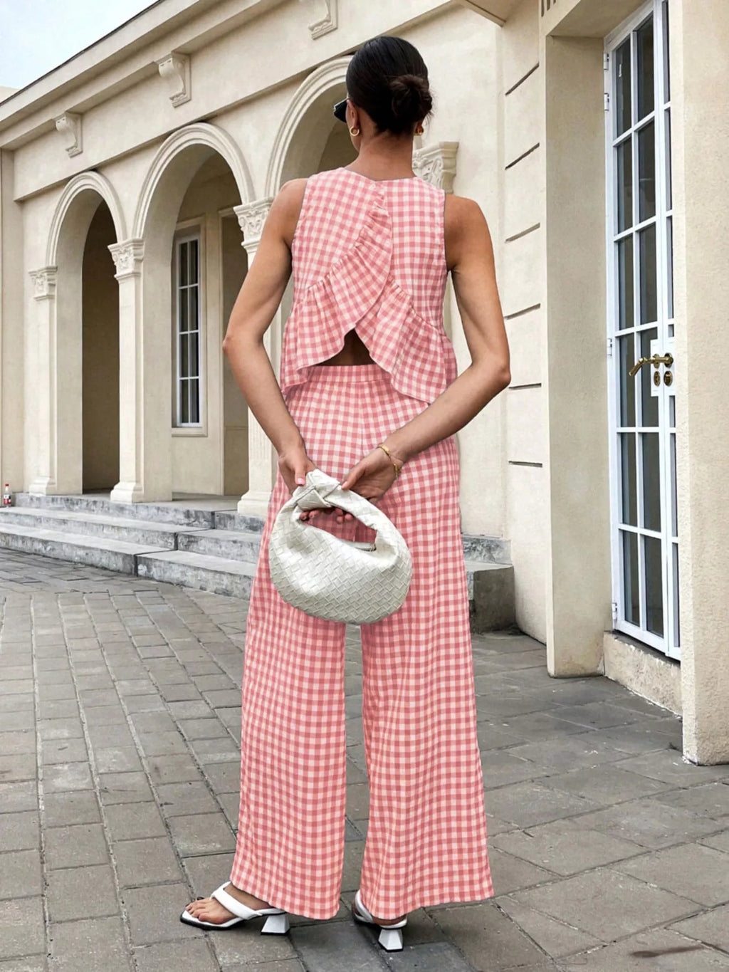Gingham Sleeveless Top and Wide Leg Pants Set