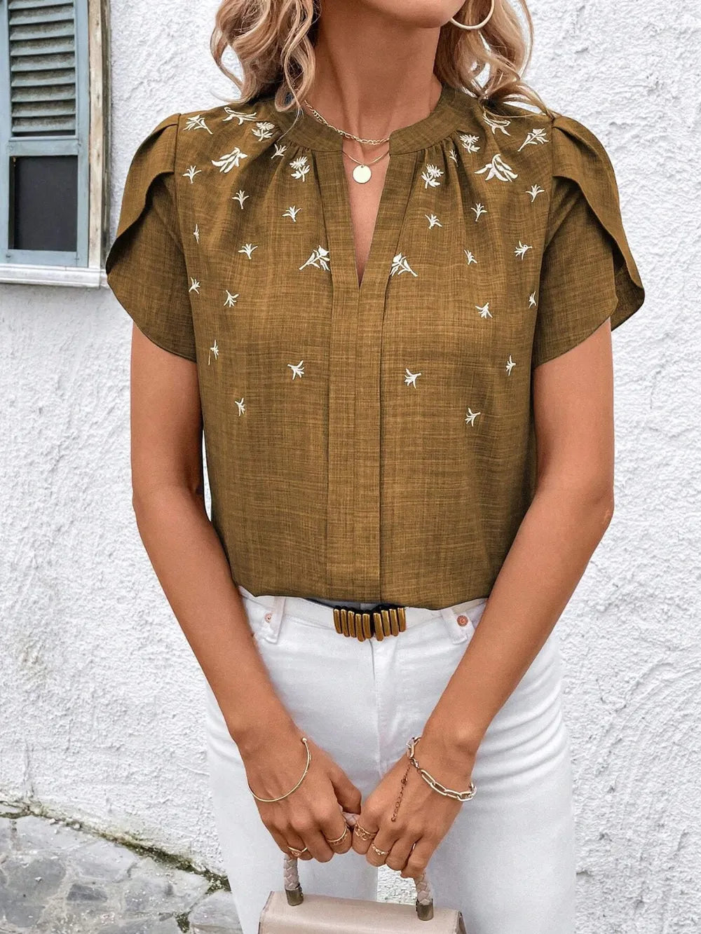 Floral Notched Short Sleeve Blouse