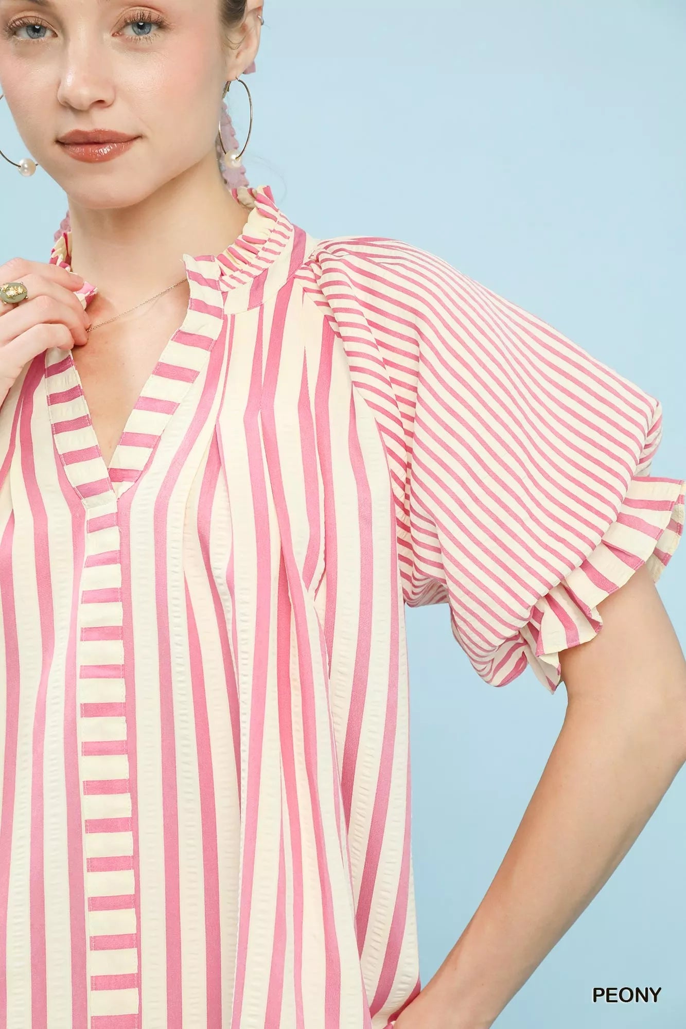 Umgee Striped Notched Top with Short Flutter Sleeves