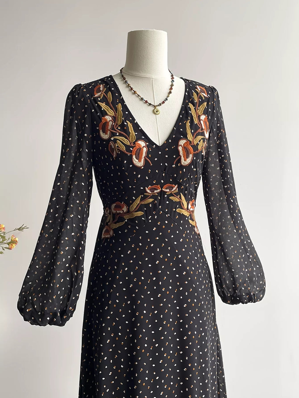 Plus Size Floral Embroidered Polka Dot Maxi Dress