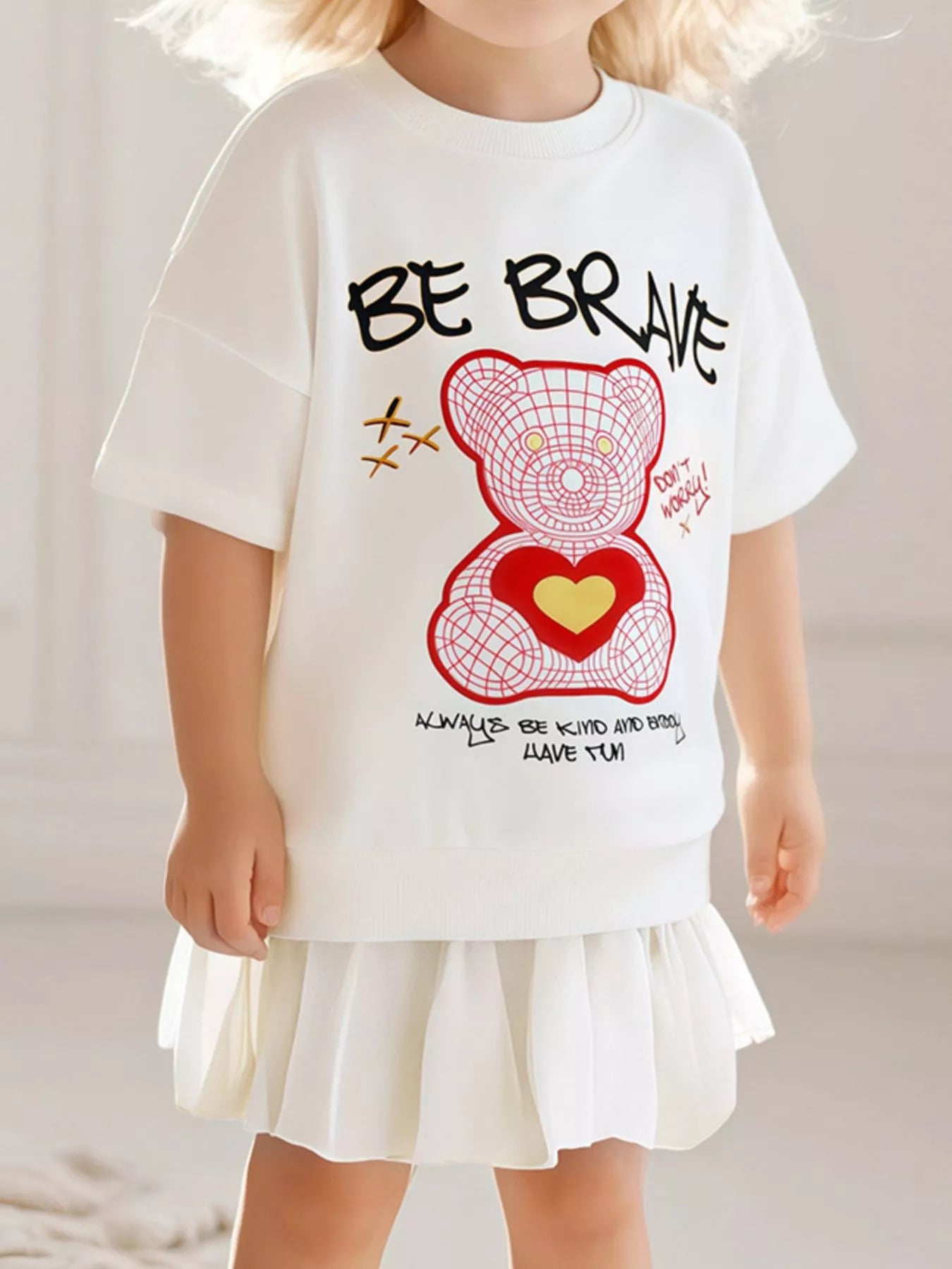 Children's Bear Graphic Short Sleeve Sweatshirt Dress