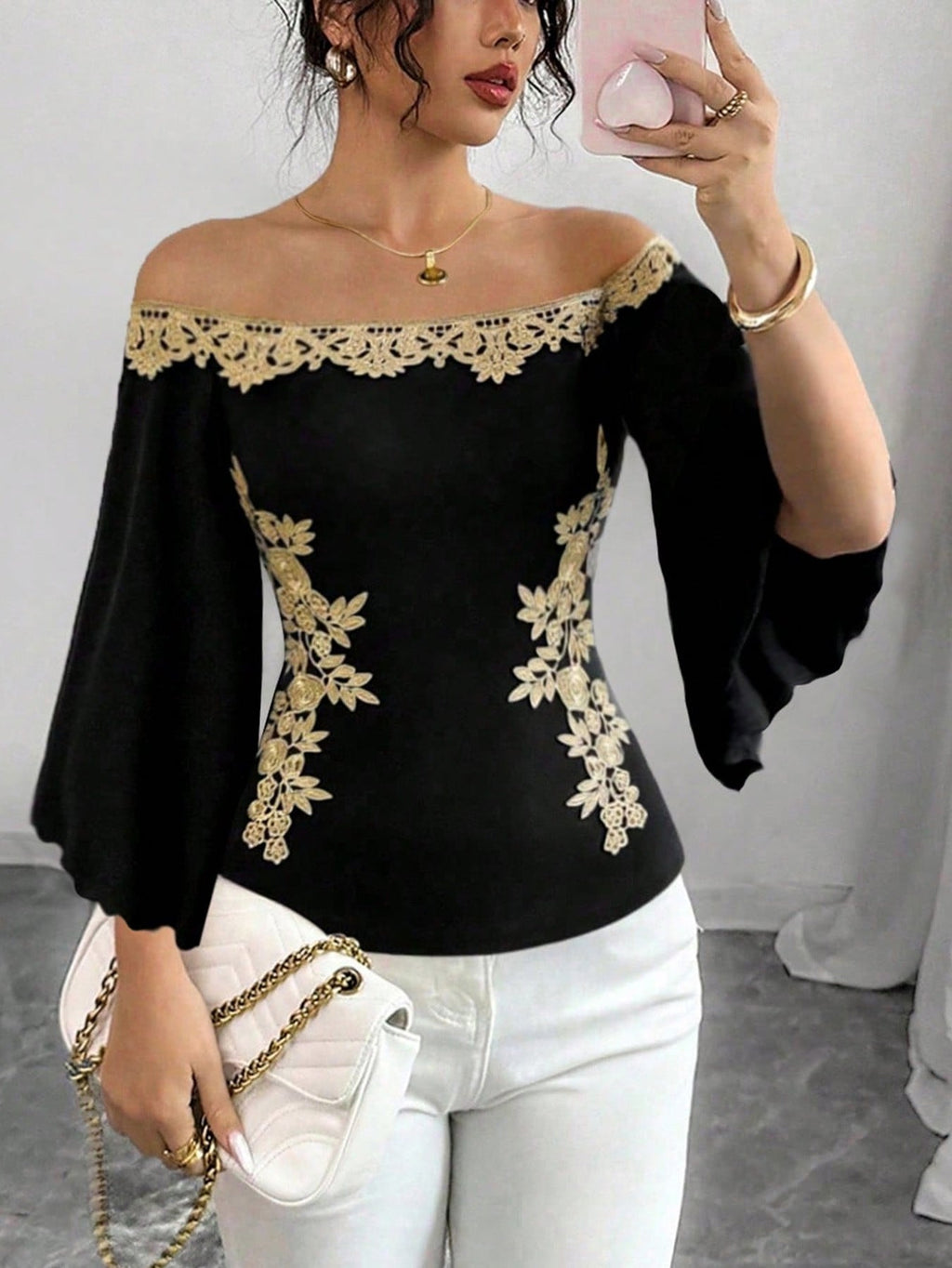 Off-Shoulder Embroidered Bell Sleeve Top