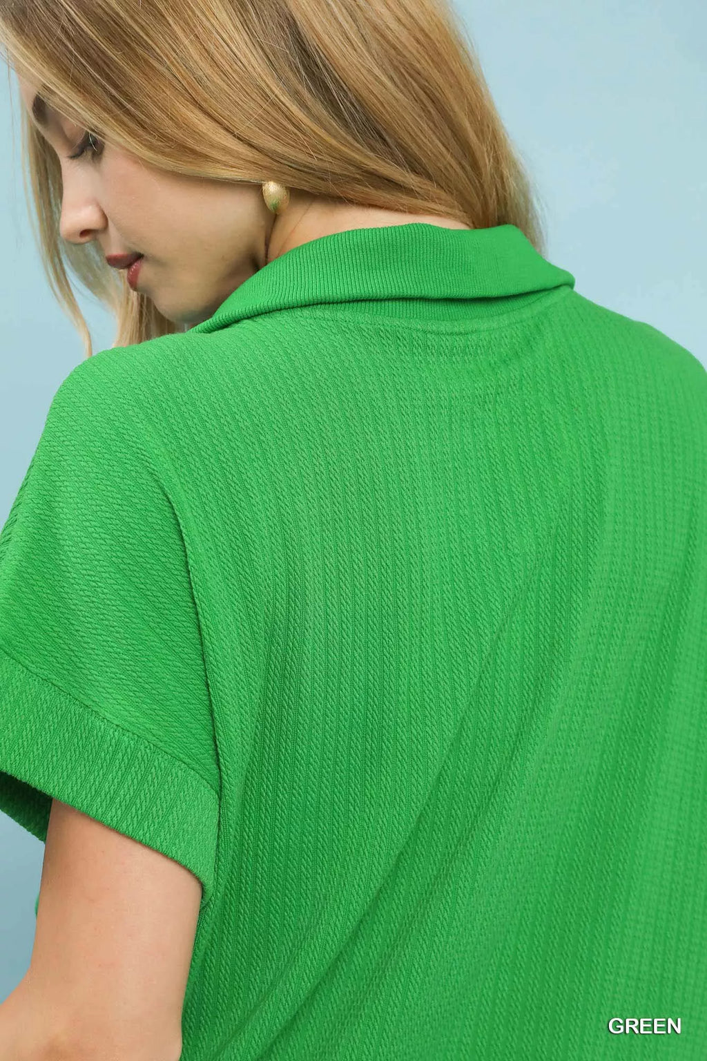 Umgee Textured Striped Zip Collar Knit Top