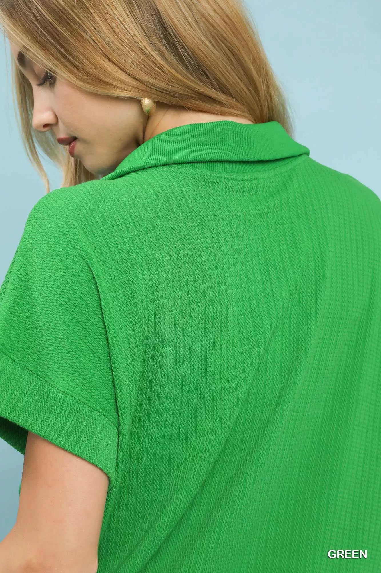 Umgee Textured Striped Zip Collar Knit Top