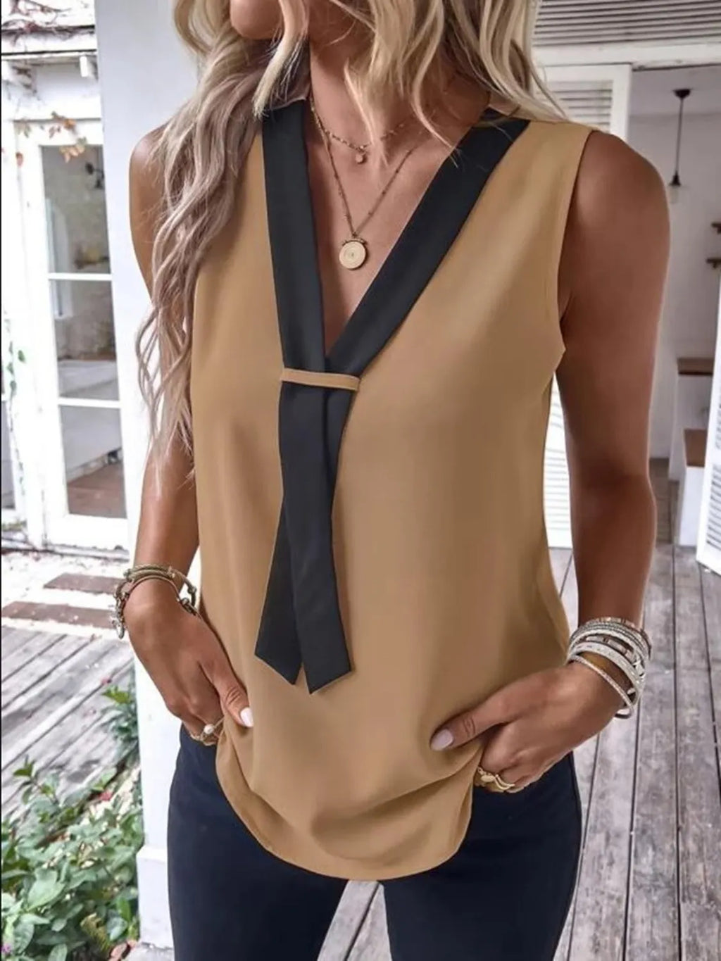 Full Size  V-Neck Contrast Tank Plus Size