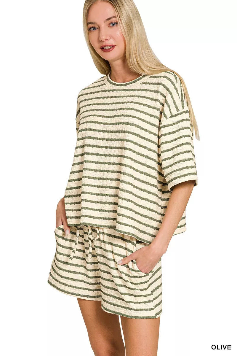 Zenana Striped Short Sleeve Tee & Shorts Set