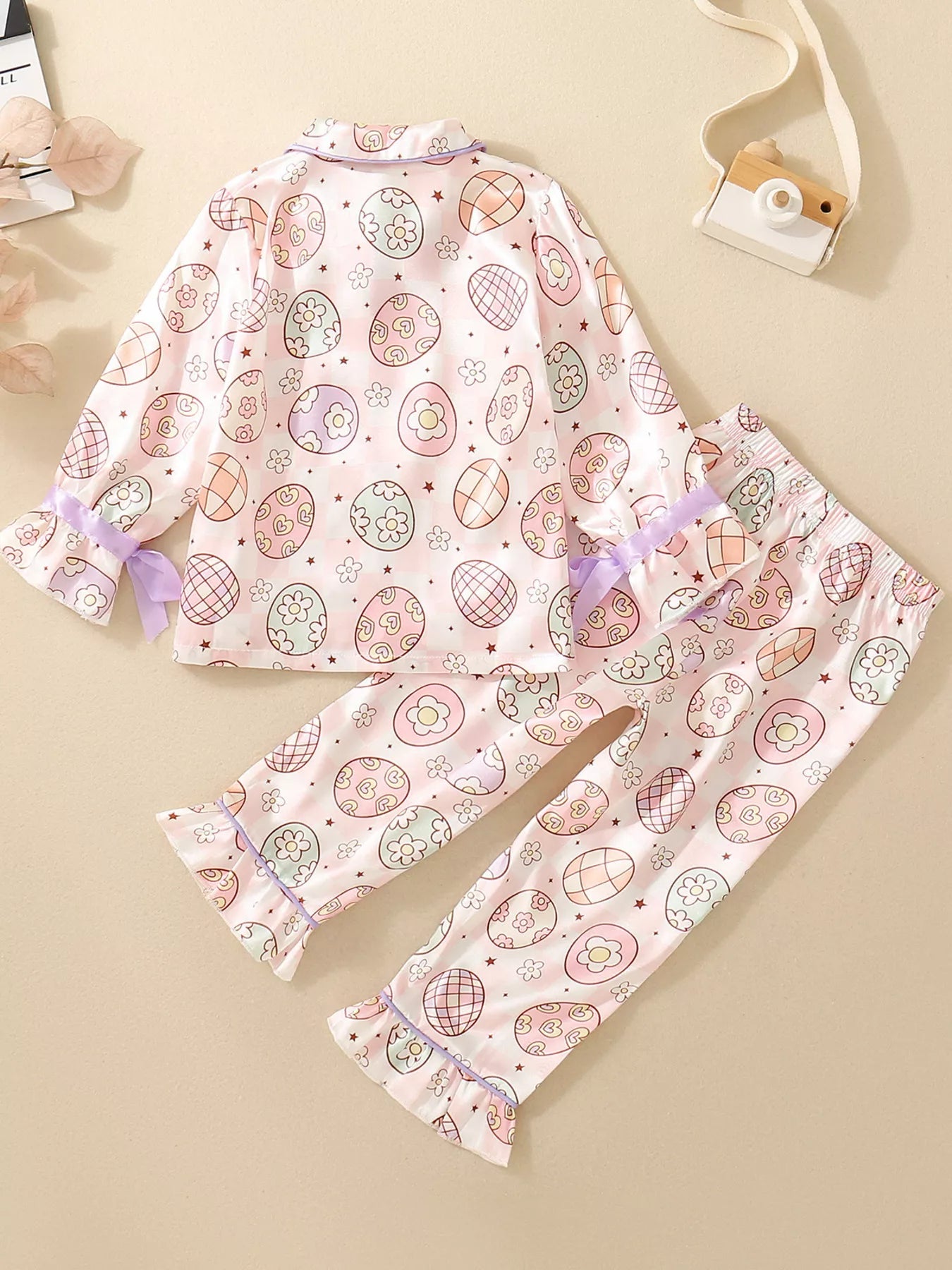 Children's Egg Print Pajama Set with Bow Accents