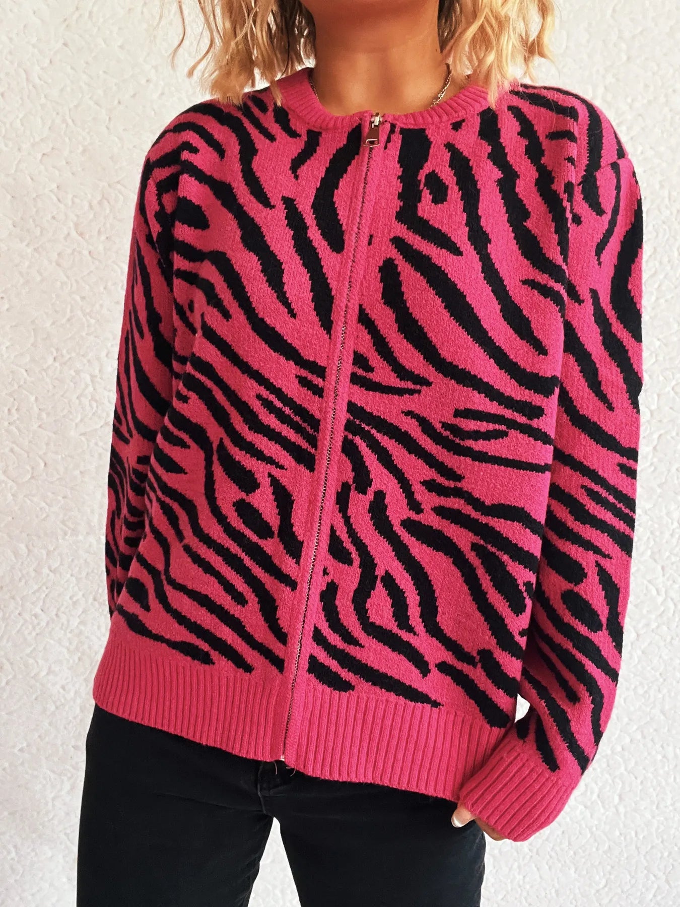 Zebra Print Zip Up Cardigan