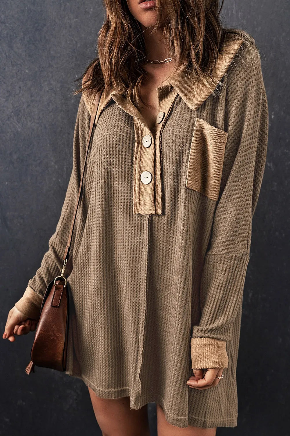 Waffle Knit Button Front Dress