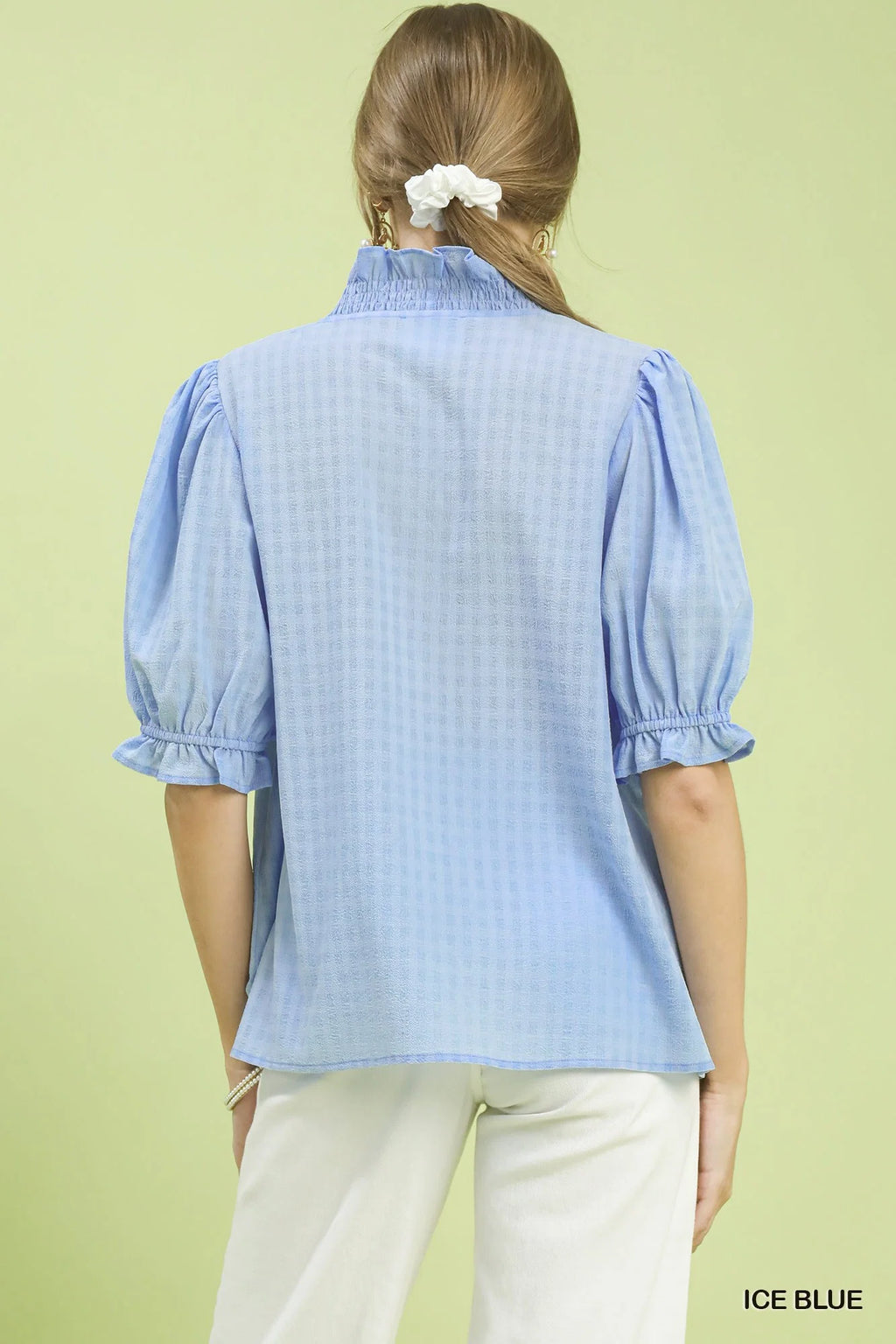 Umgee Textured Check Ruffle V-Neck Blouse