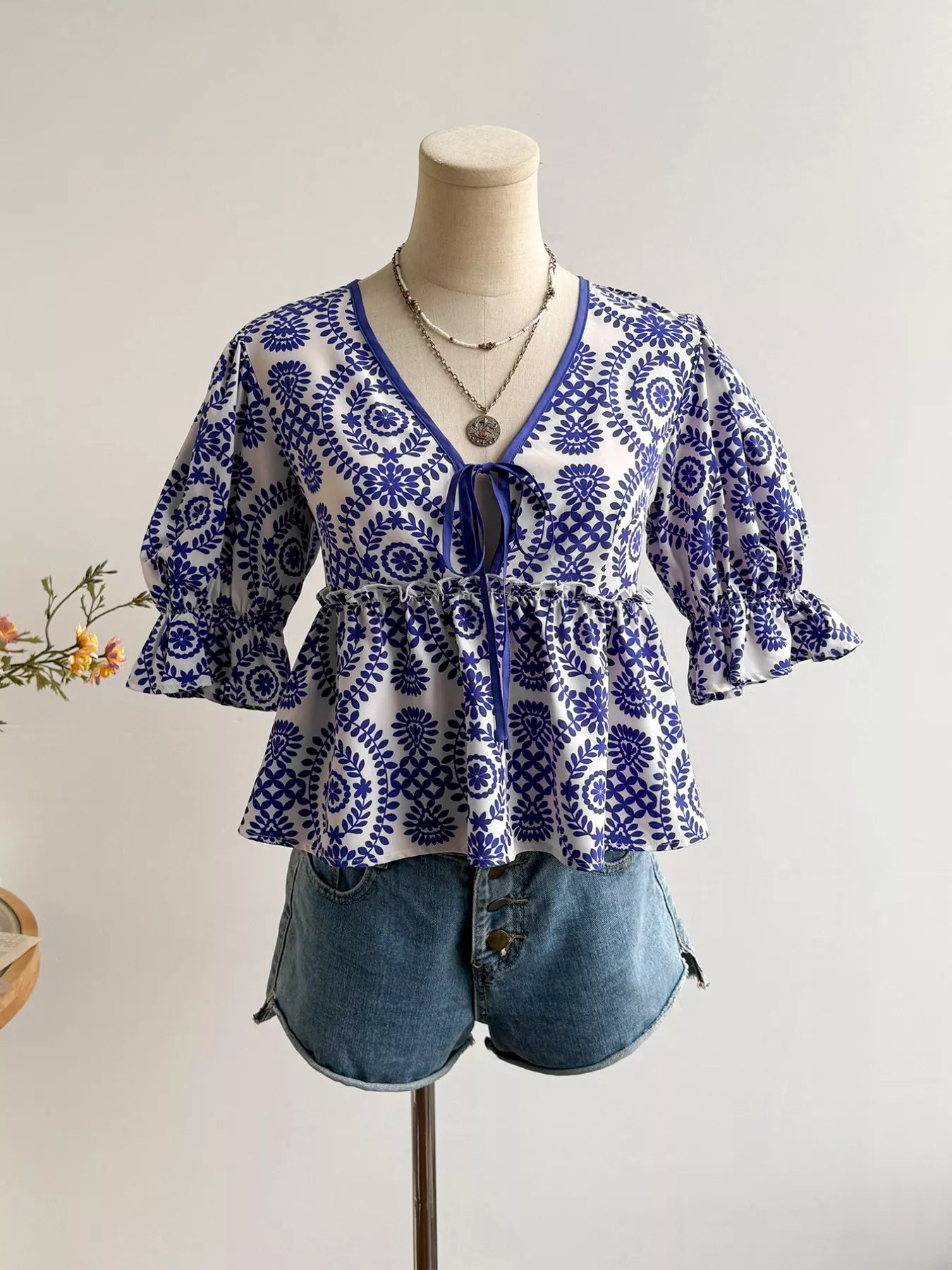 Floral Print Tie-Front Blouse