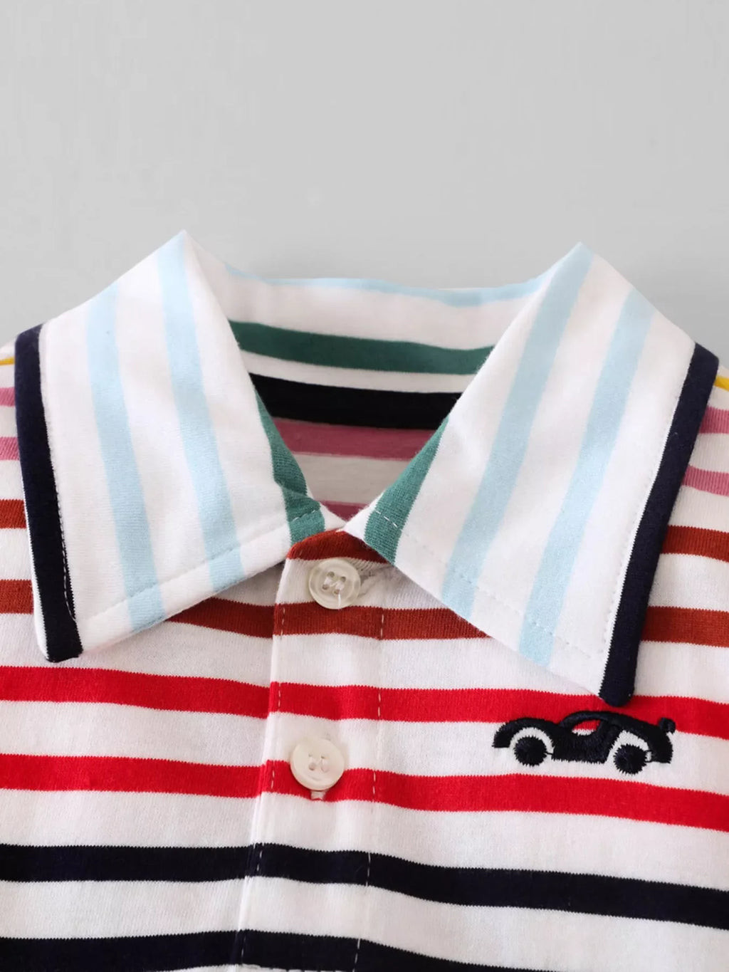 Children's Colorful Striped Polo Shirt and Car Print Shorts Set