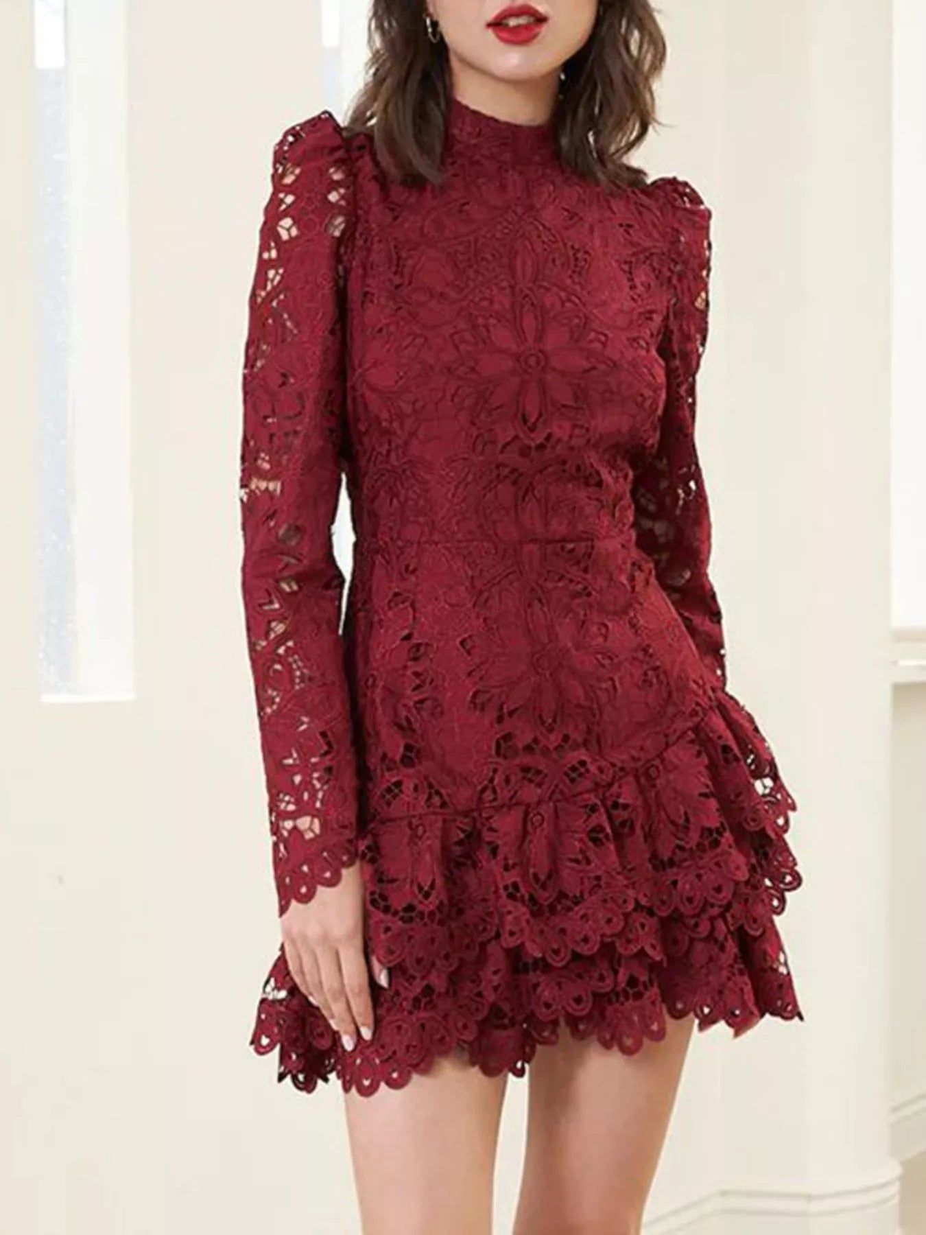 Lace Mock Neck Long Sleeve Mini Dress