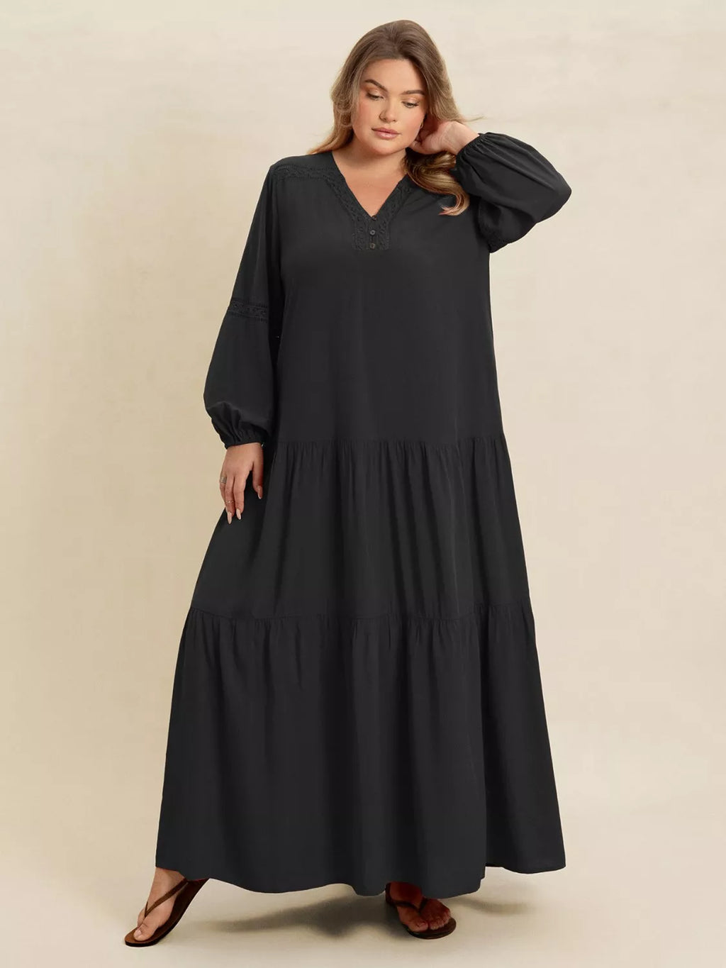Plus Size Bohemian Tiered Maxi Dress with Balloon Sleeves