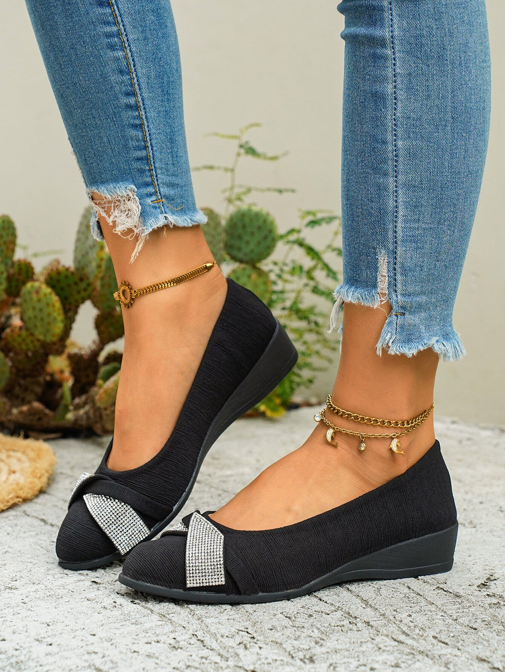 Rhinestone Embellished Wedge Slip-Ons