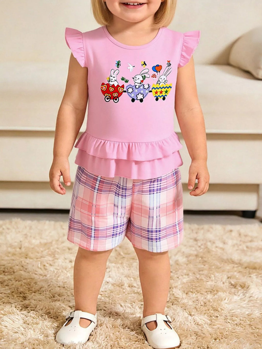 Children's Bunny Train Ruffle Trim Top & Plaid Shorts Set