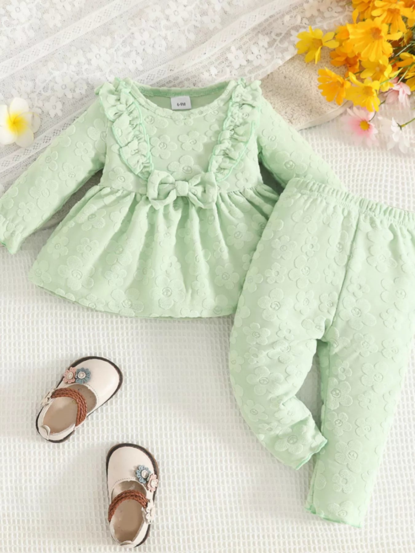 Children's Floral Embossed Ruffle Trim Top and Pants Set
