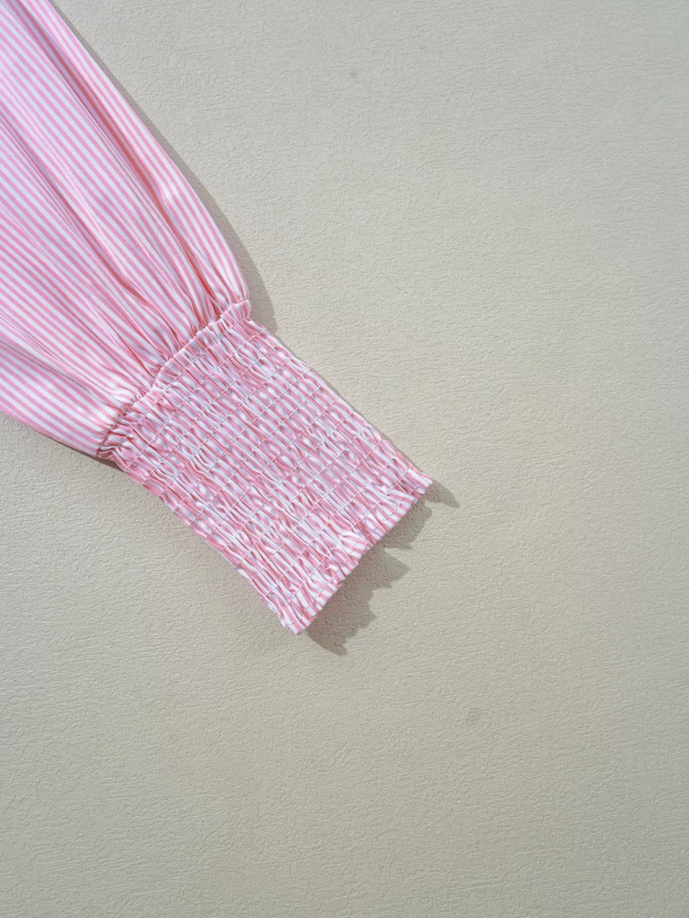 Pinstripe Long Sleeve Smocked Cuffs Button Shirt Collar Blouse
